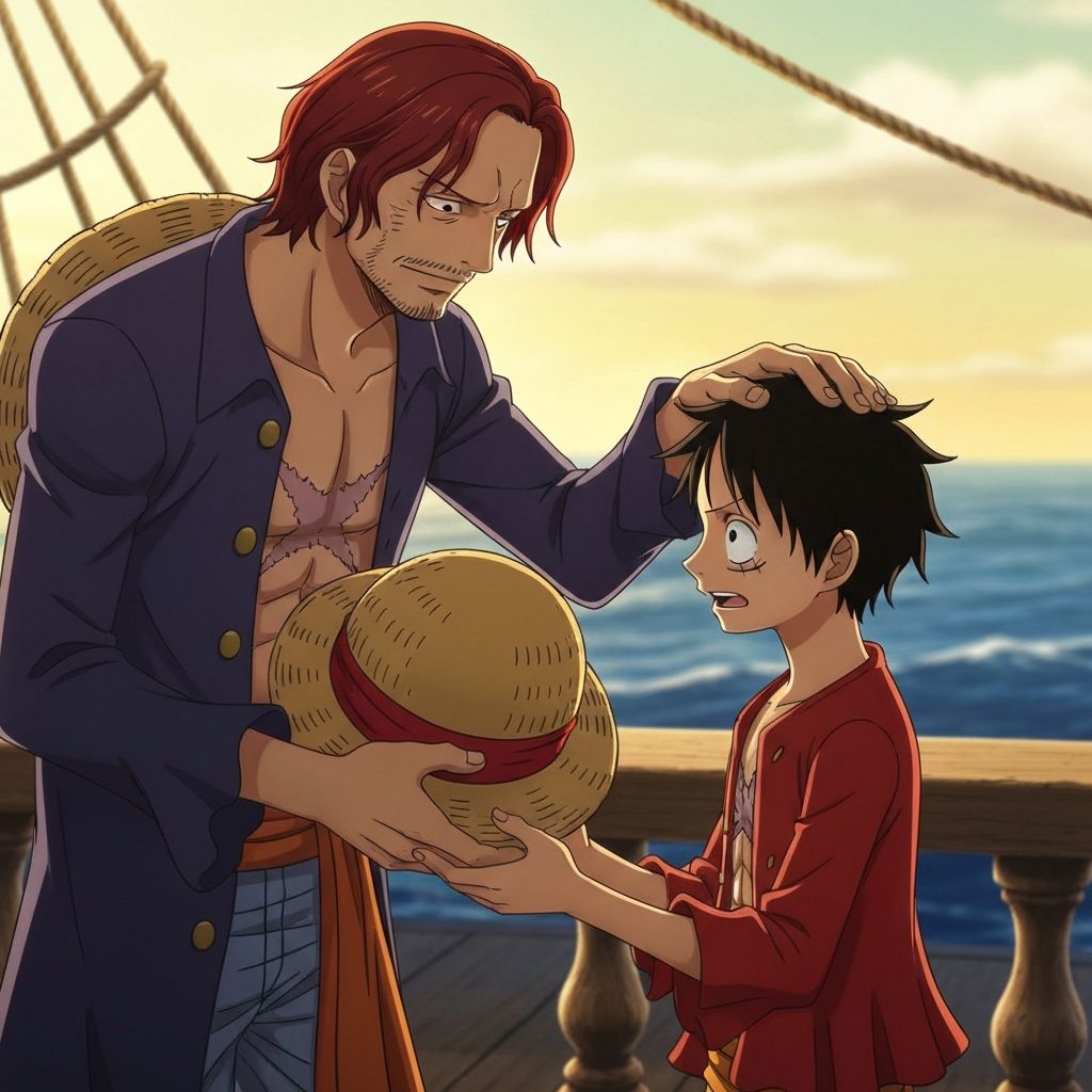 Shanks giving the straw hat to Luffy